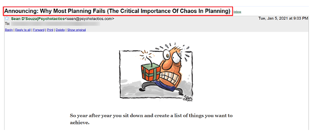 An email from Psychotactics showing the subject line "Announcing: Why Most Planning Fails (The Critical Importance of Chaos in Planning)