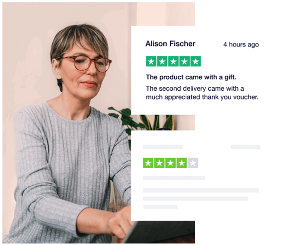 A section of the Trust Pilot home page shows a woman typing at a computer near the image of a five-star review that reads: The product came with a gift. The second delivery came with a much appreciated thank you voucher. 